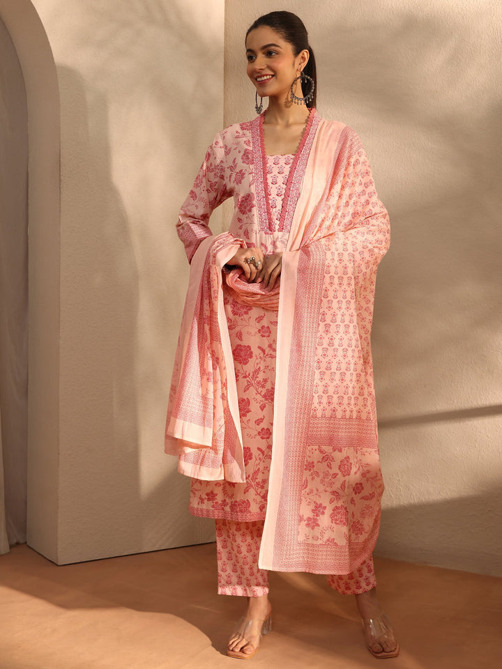 Peach Floral Printed Cotton Blend Straight Suit Set With Dupatta
