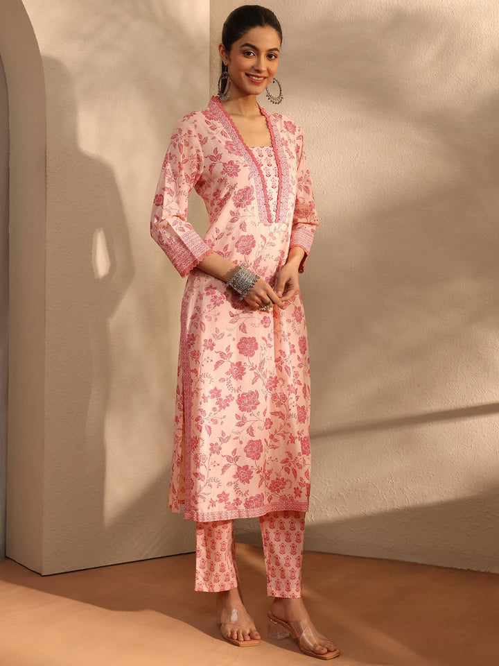 Peach Floral Printed Cotton Blend Straight Suit Set With Dupatta