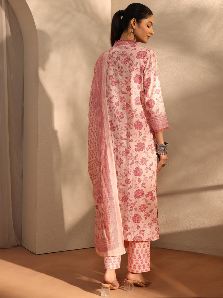 Peach Floral Printed Cotton Blend Straight Suit Set With Dupatta