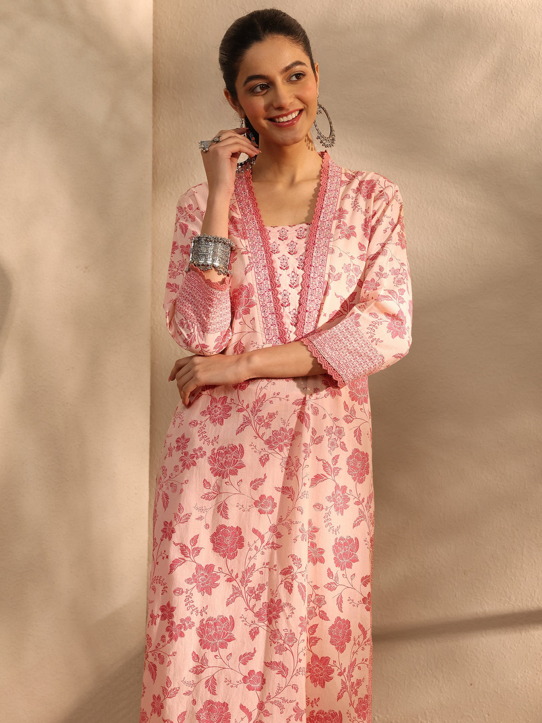 Peach Floral Printed Cotton Blend Straight Suit Set With Dupatta