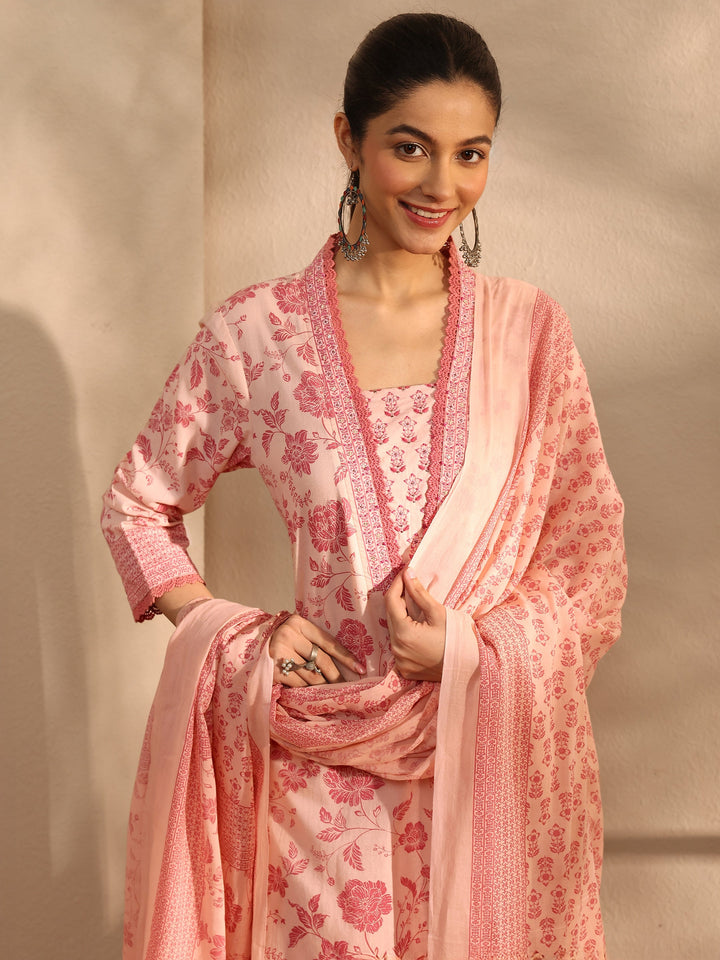 Peach Floral Printed Cotton Blend Straight Suit Set With Dupatta