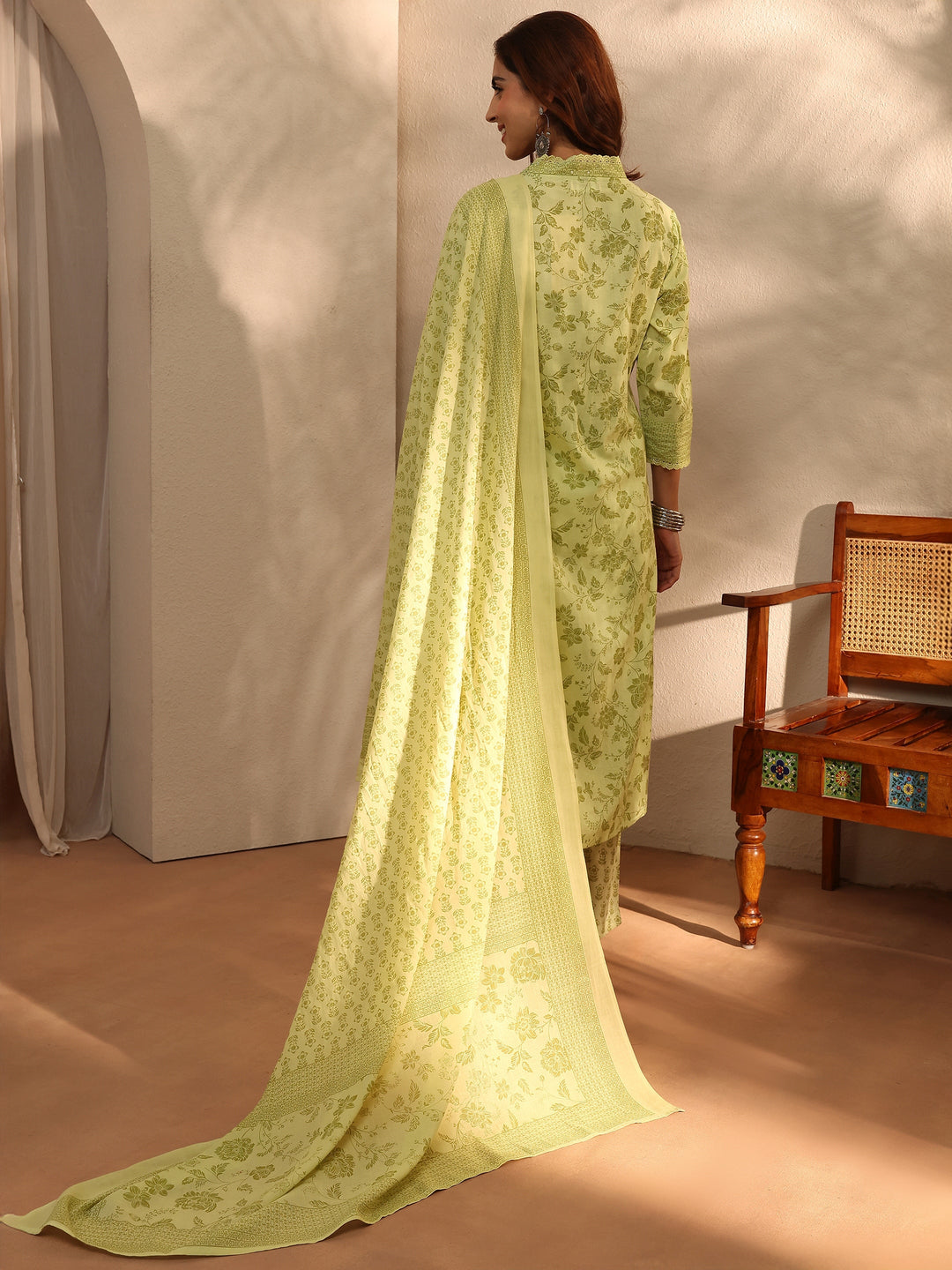 Green Floral Printed Cotton Blend Straight Suit Set With Dupatta
