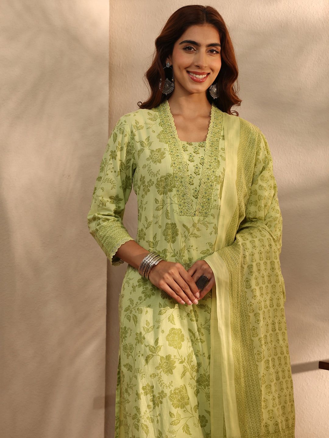 Green Floral Printed Cotton Blend Straight Suit Set With Dupatta