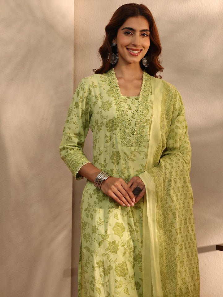 Green Floral Printed Cotton Blend Straight Suit Set With Dupatta