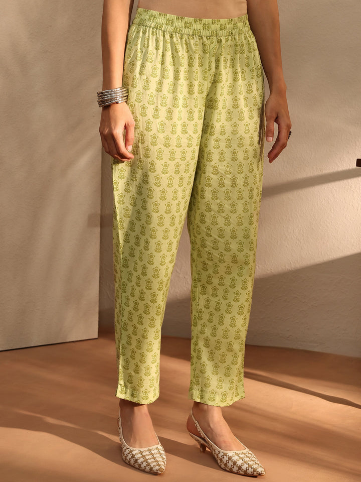 Green Floral Printed Cotton Blend Straight Suit Set With Dupatta