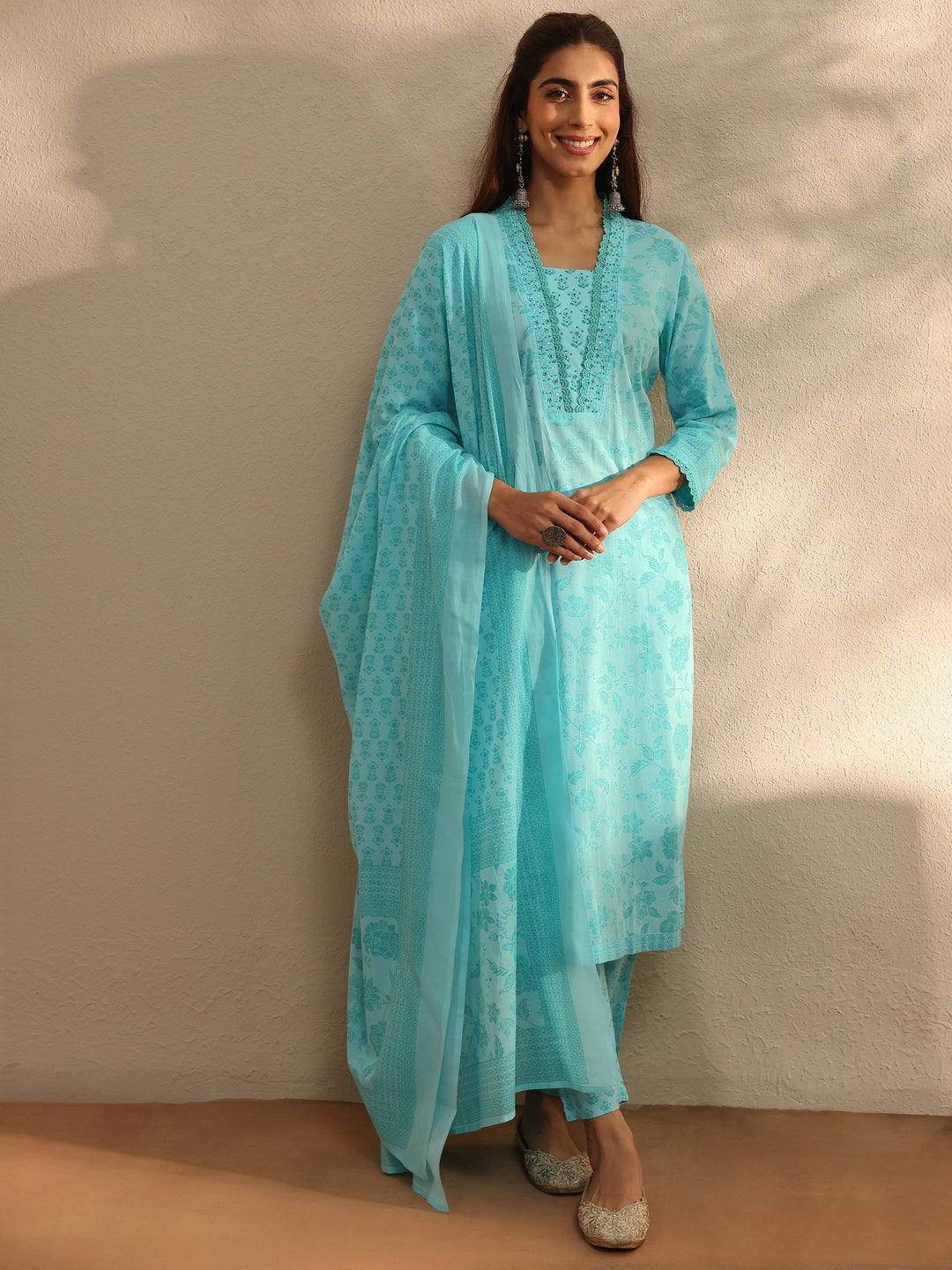 Blue Floral Printed Cotton Blend Straight Suit Set With Dupatta