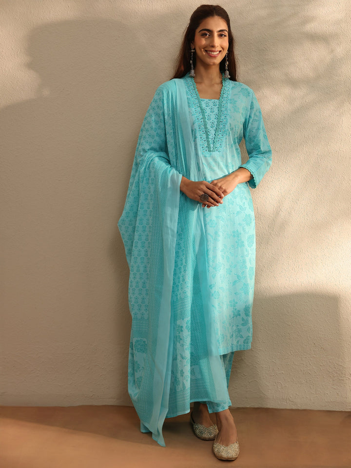 Blue Floral Printed Cotton Blend Straight Suit Set With Dupatta