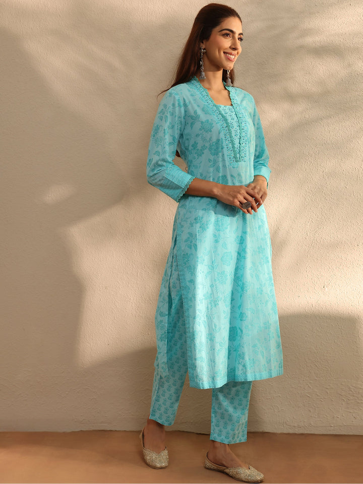 Blue Floral Printed Cotton Blend Straight Suit Set With Dupatta