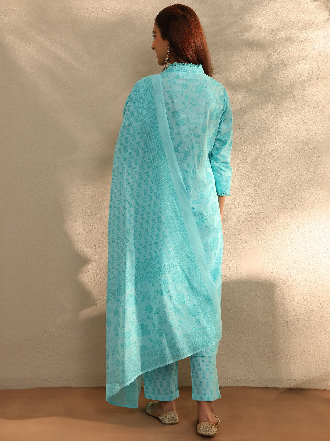 Blue Floral Printed Cotton Blend Straight Suit Set With Dupatta