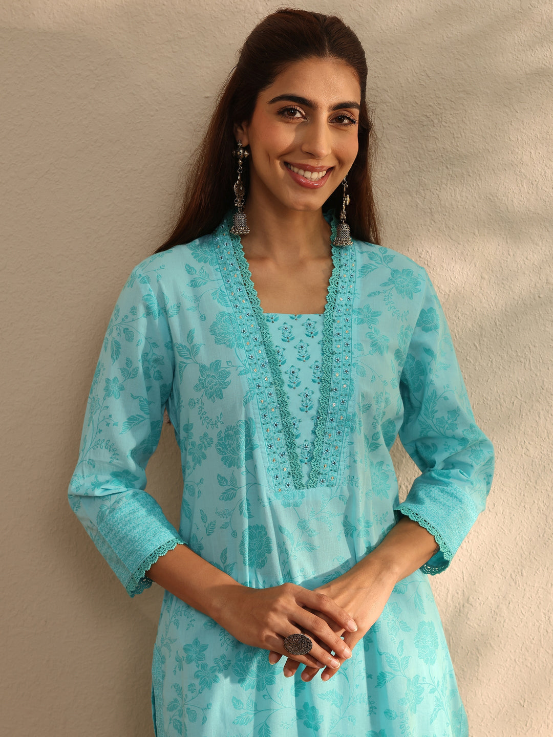 Blue Floral Printed Cotton Blend Straight Suit Set With Dupatta