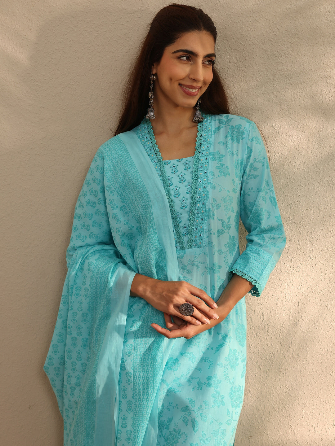 Blue Floral Printed Cotton Blend Straight Suit Set With Dupatta