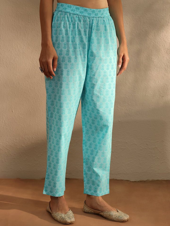 Blue Floral Printed Cotton Blend Straight Suit Set With Dupatta