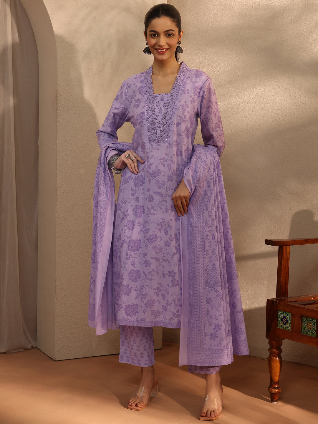 Lavender Floral Printed Cotton Blend Straight Suit Set With Dupatta