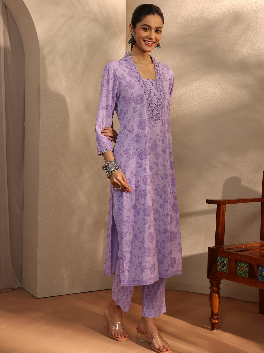 Lavender Floral Printed Cotton Blend Straight Suit Set With Dupatta