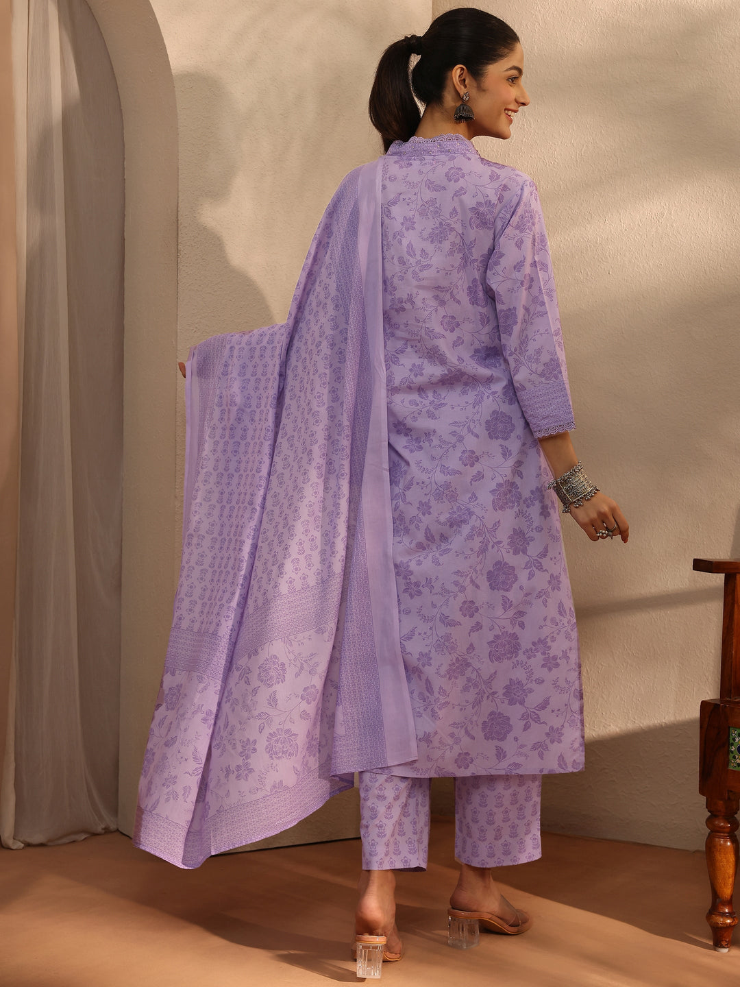 Lavender Floral Printed Cotton Blend Straight Suit Set With Dupatta