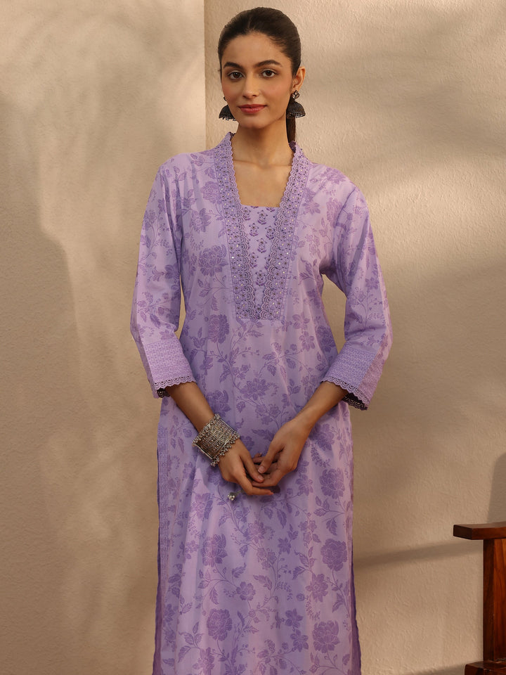 Lavender Floral Printed Cotton Blend Straight Suit Set With Dupatta