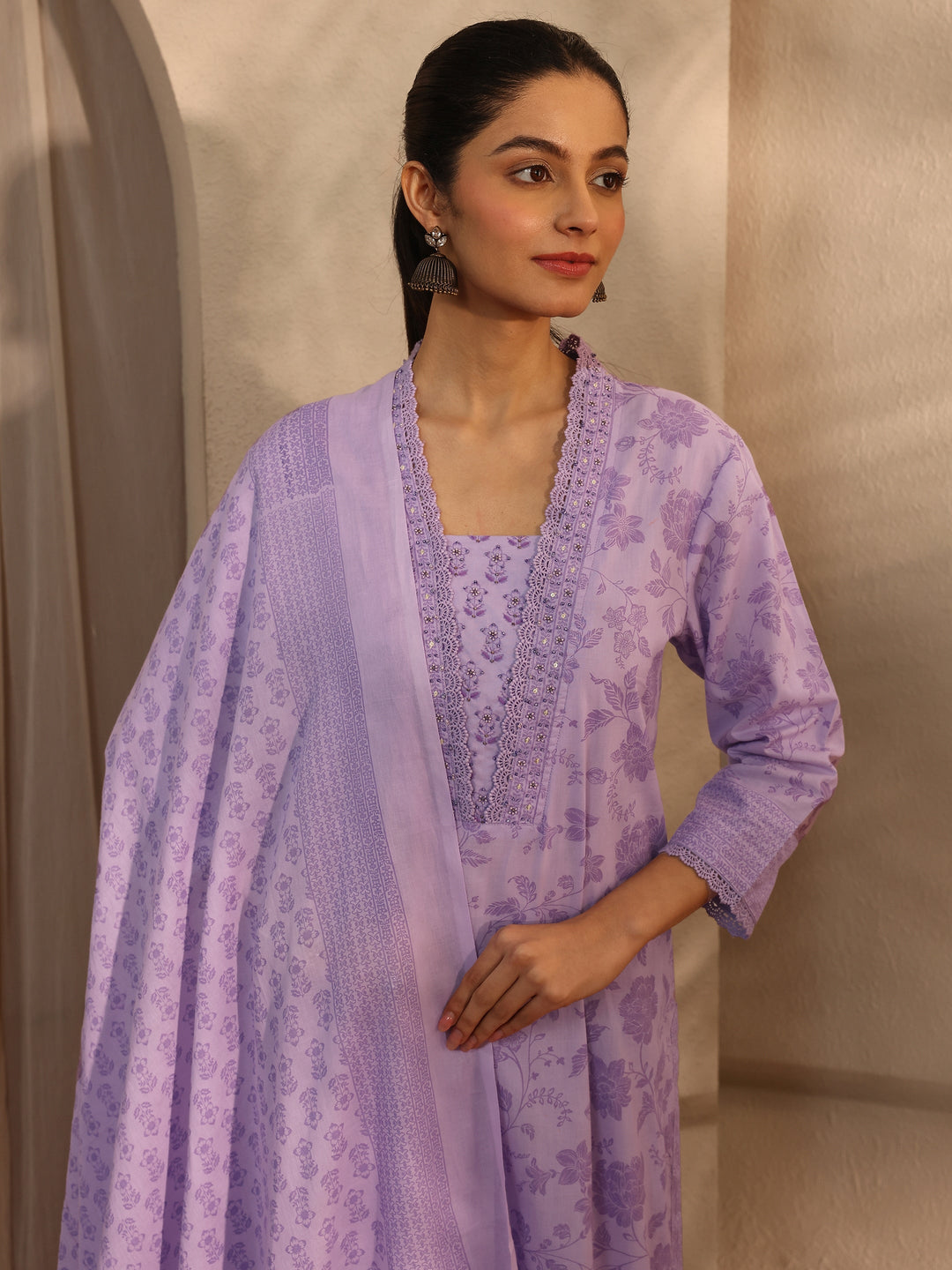 Lavender Floral Printed Cotton Blend Straight Suit Set With Dupatta