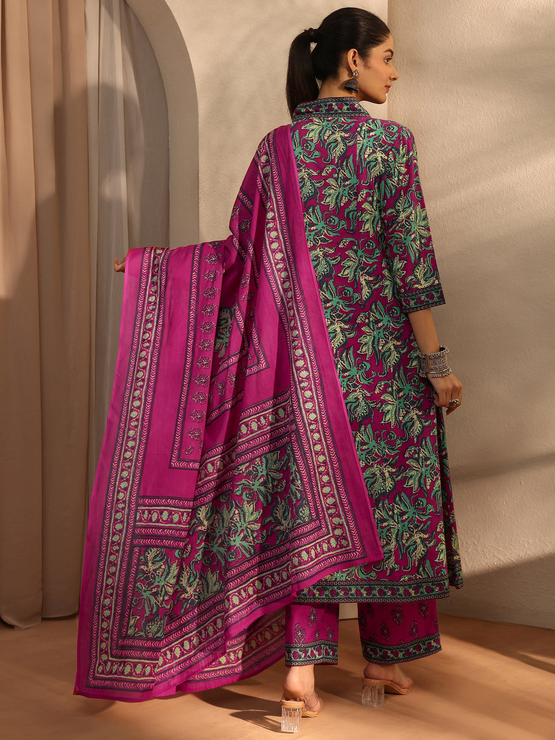 Pink Floral Printed Cotton Blend A-Line Suit Set With Dupatta