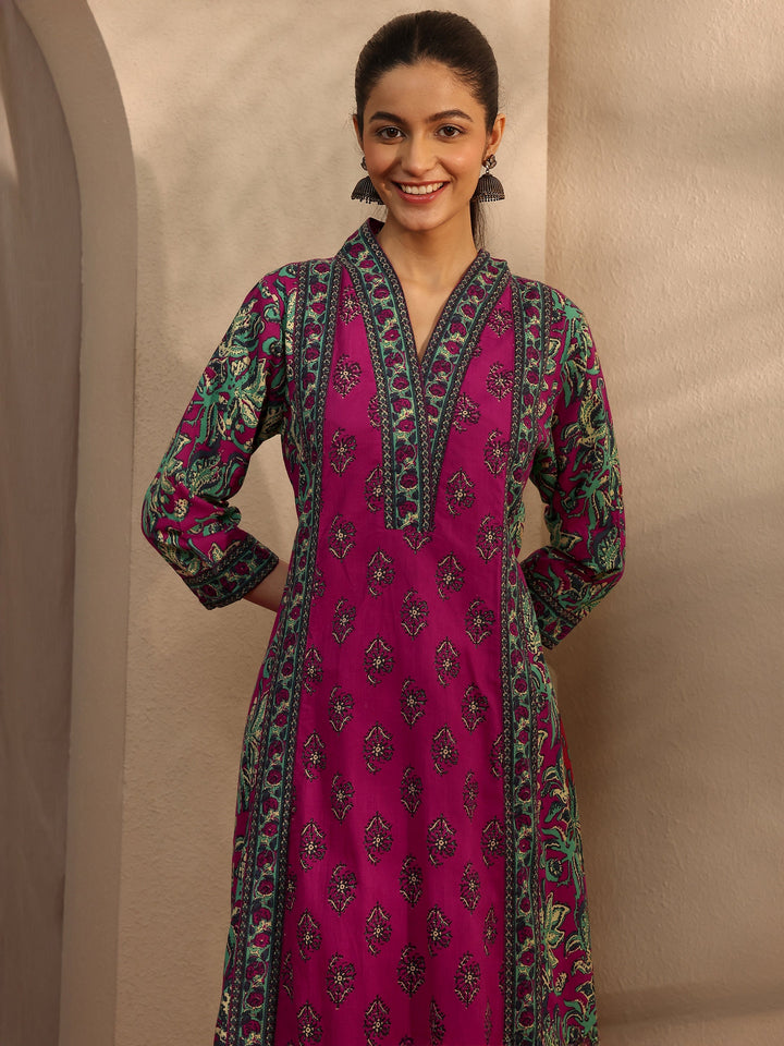 Pink Floral Printed Cotton Blend A-Line Suit Set With Dupatta