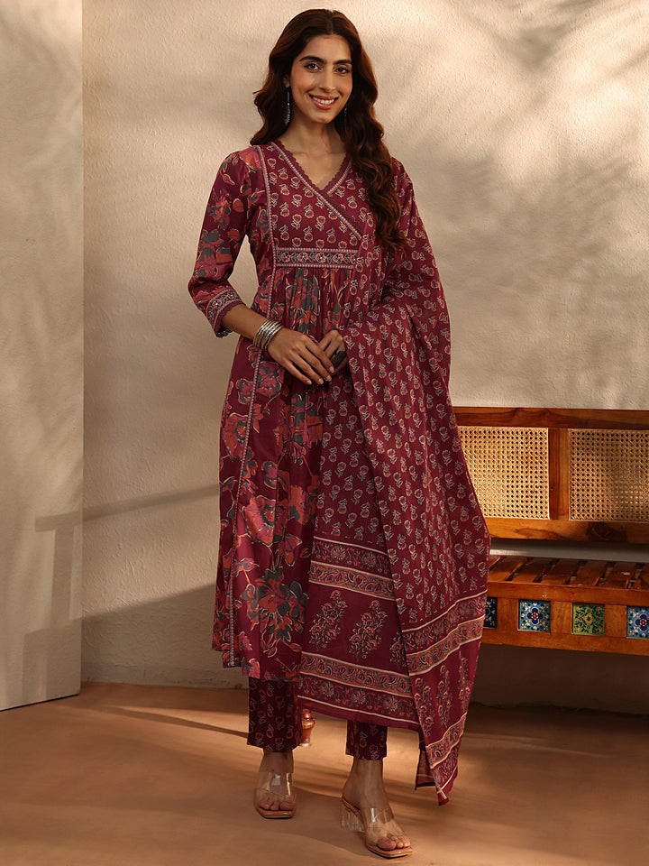 Rust Floral Printed Cotton Blend A-Line Suit Set With Dupatta