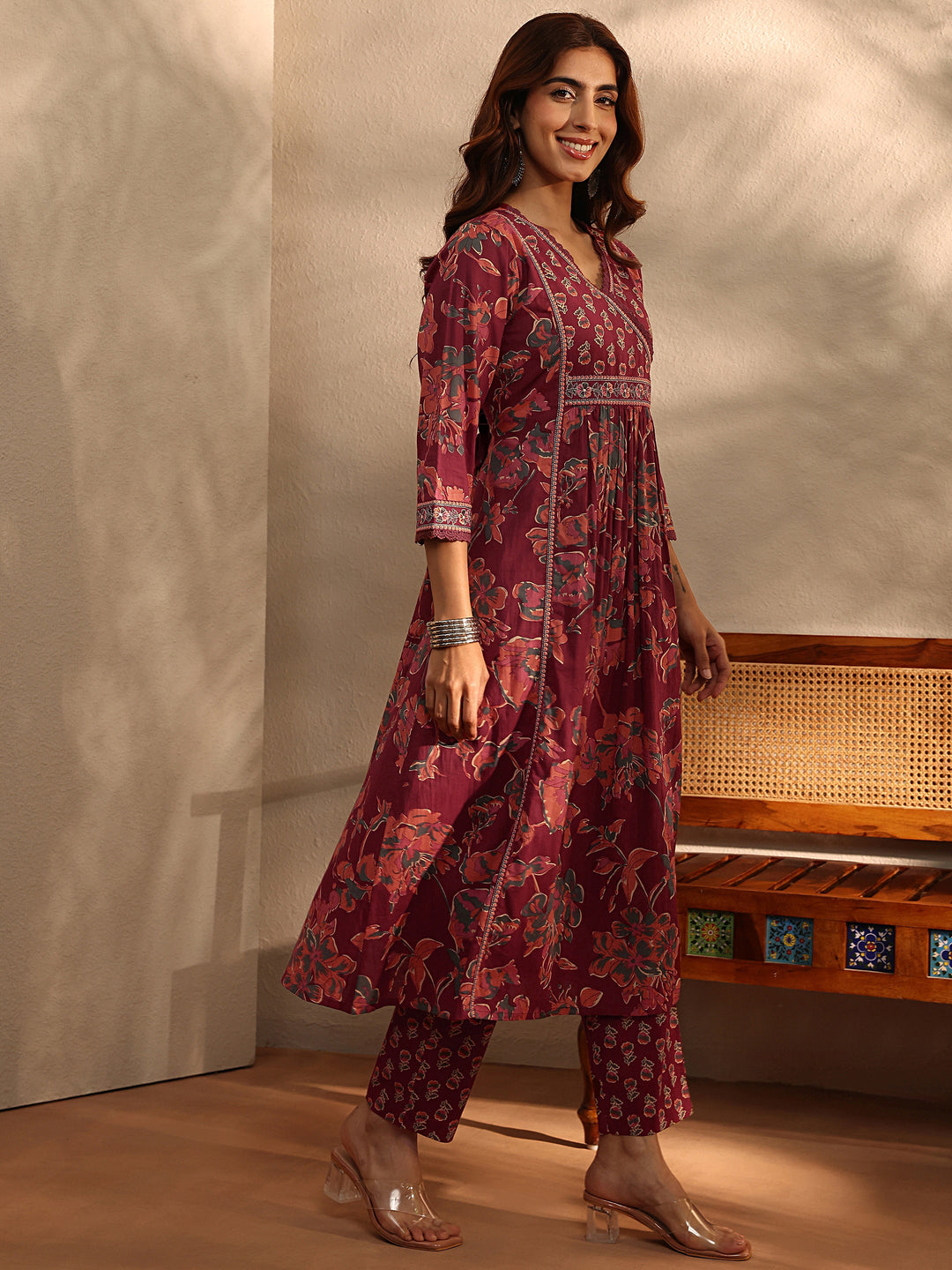 Rust Floral Printed Cotton Blend A-Line Suit Set With Dupatta
