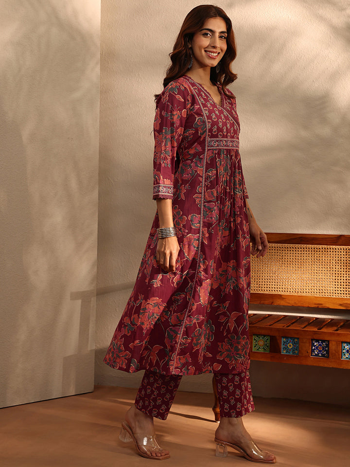 Rust Floral Printed Cotton Blend A-Line Suit Set With Dupatta