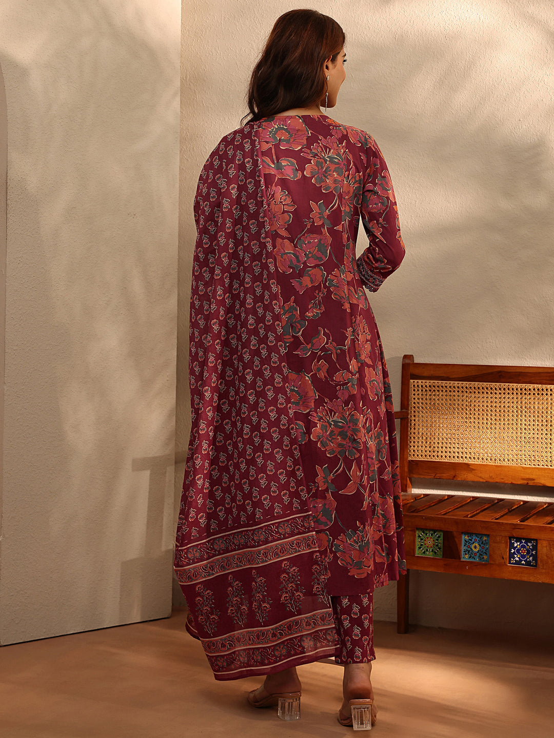 Rust Floral Printed Cotton Blend A-Line Suit Set With Dupatta