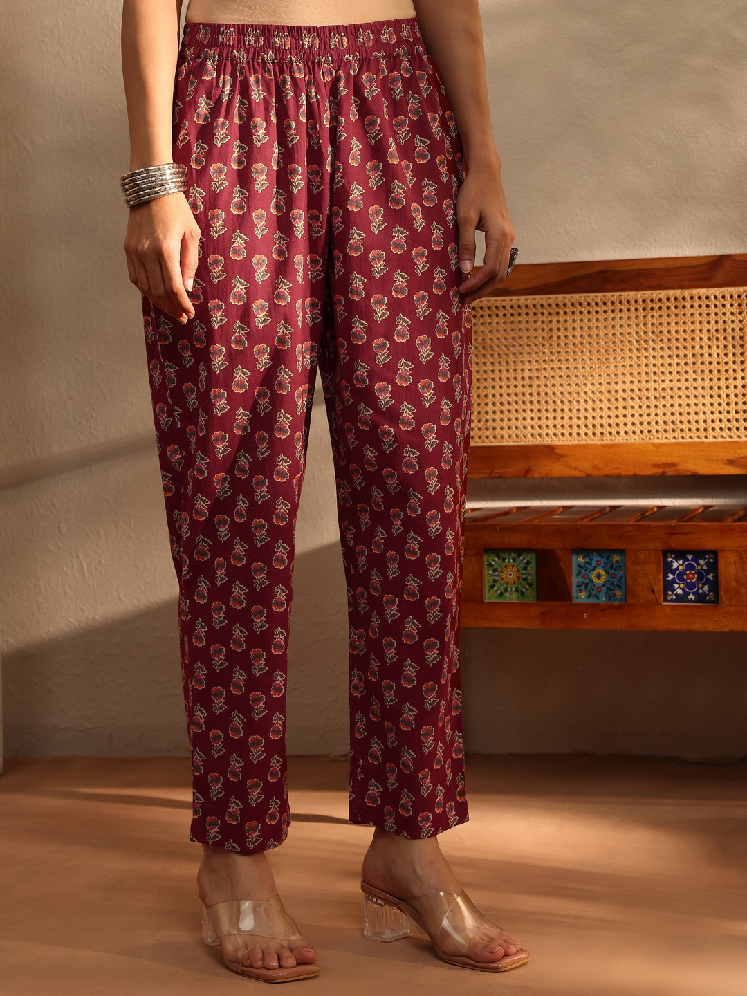 Rust Floral Printed Cotton Blend A-Line Suit Set With Dupatta