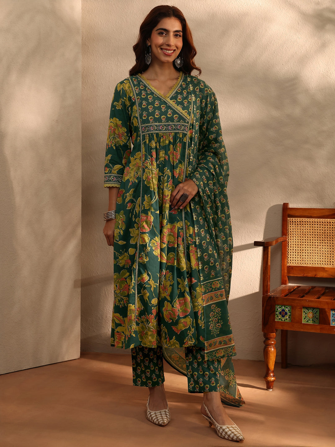 Green Floral Printed Cotton Blend A-Line Suit Set With Dupatta