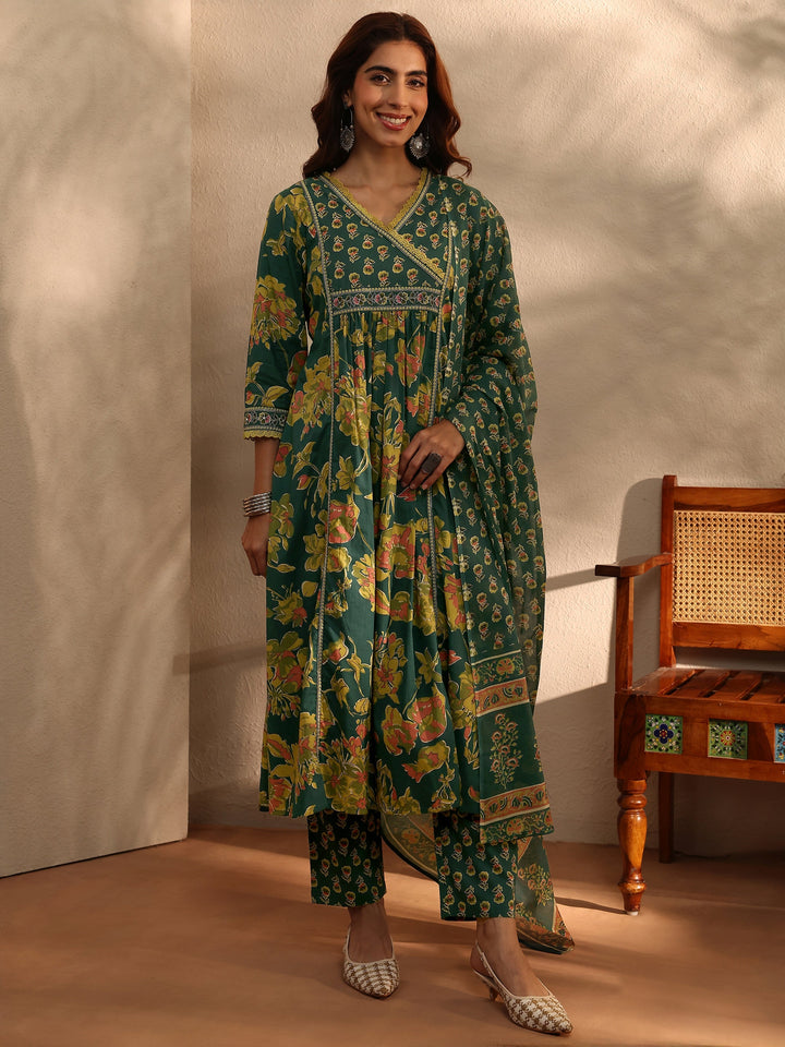 Green Floral Printed Cotton Blend A-Line Suit Set With Dupatta