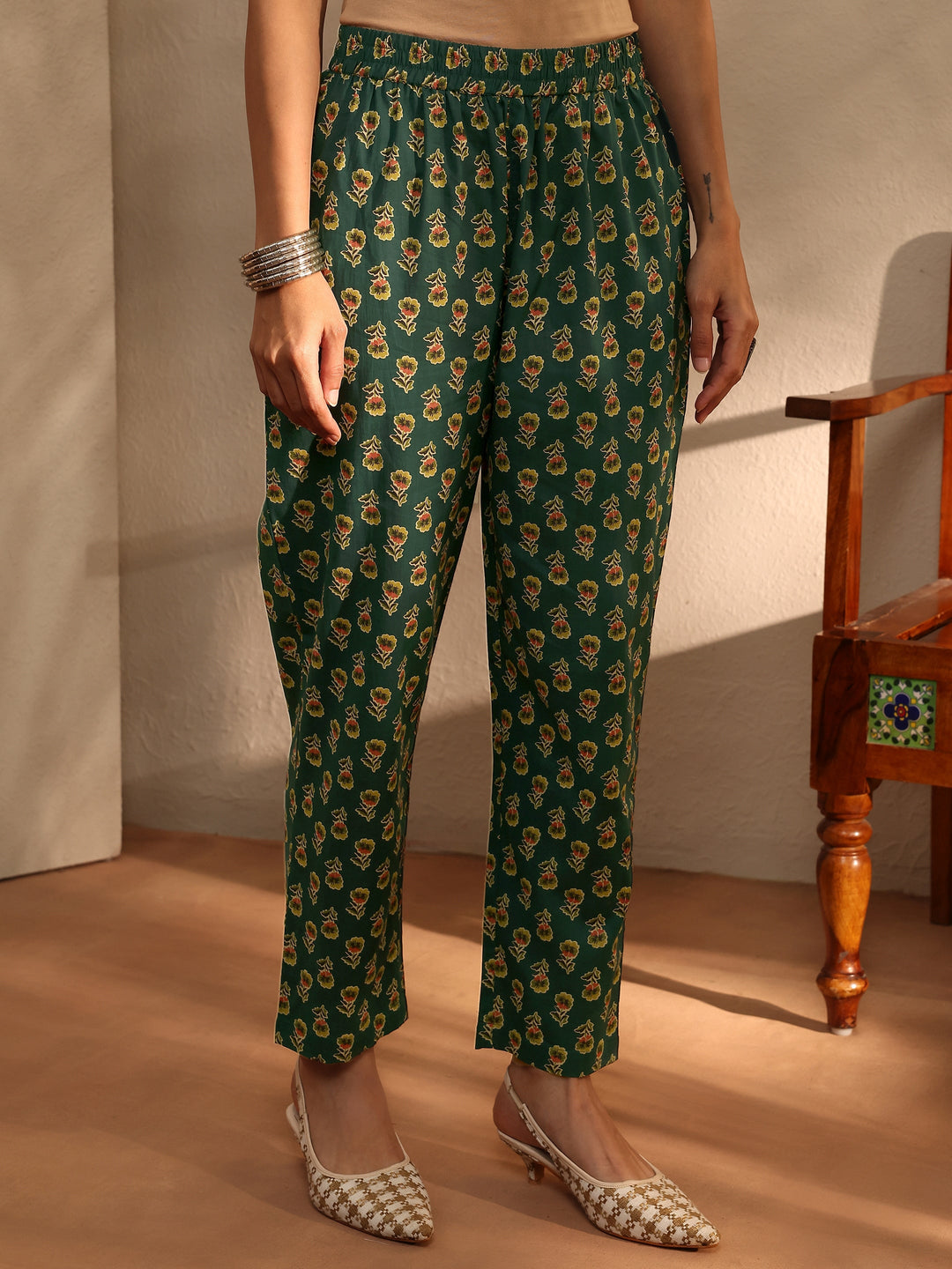Green Floral Printed Cotton Blend A-Line Suit Set With Dupatta