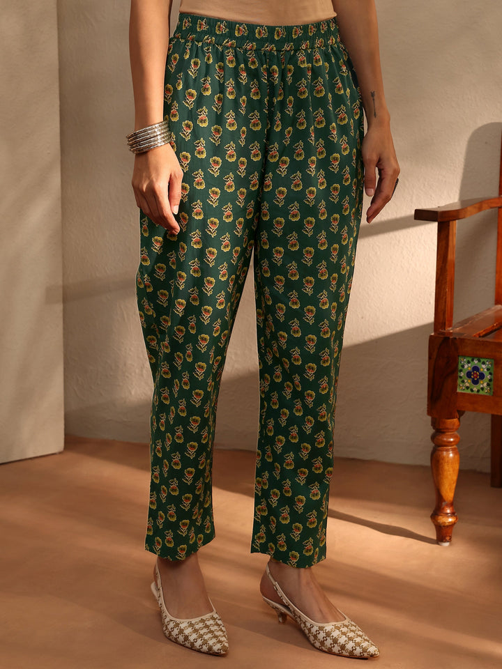 Green Floral Printed Cotton Blend A-Line Suit Set With Dupatta