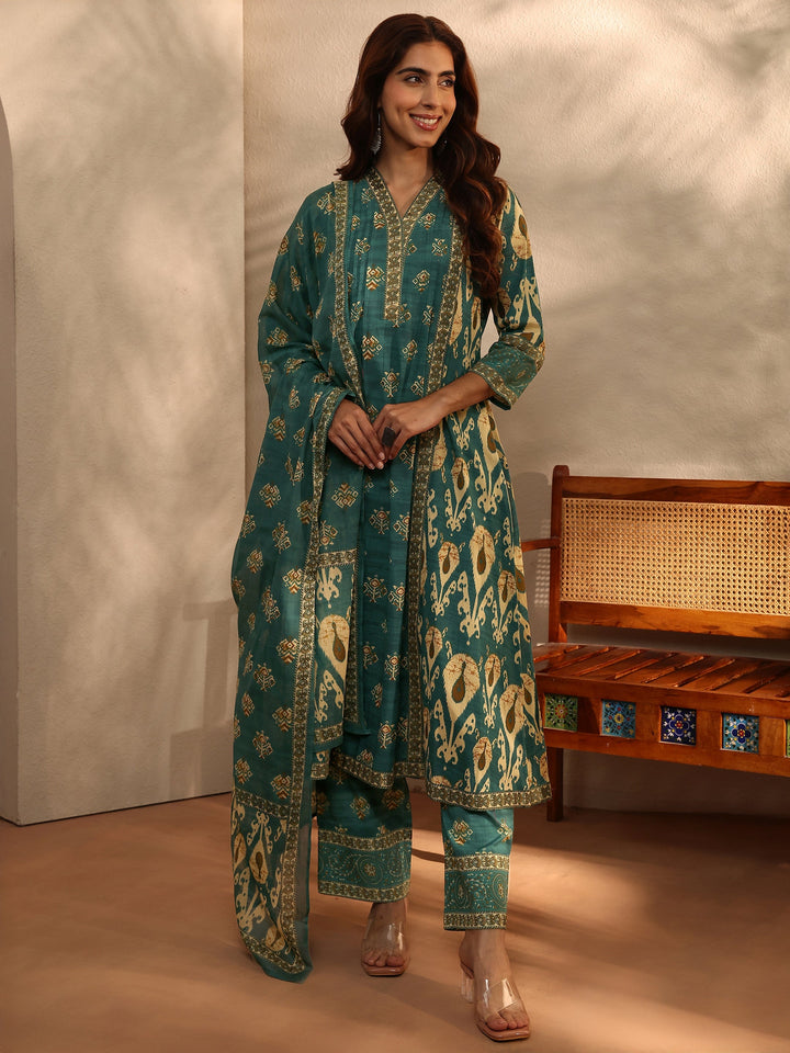 Green Floral Printed Cotton Blend A-Line Suit Set With Dupatta