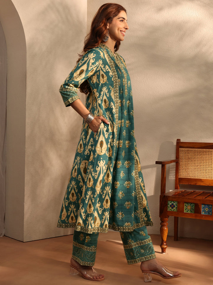 Green Floral Printed Cotton Blend A-Line Suit Set With Dupatta