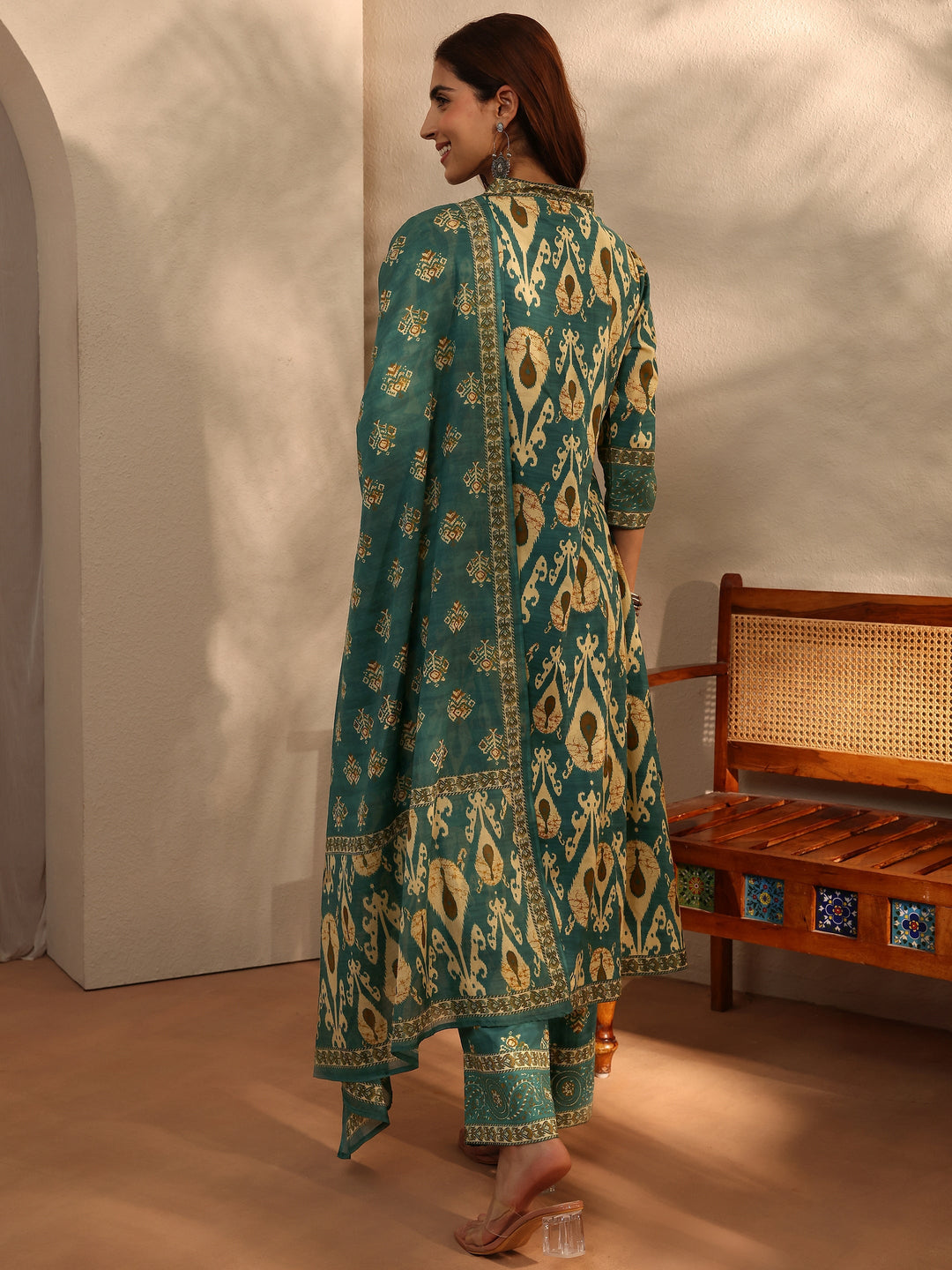 Green Floral Printed Cotton Blend A-Line Suit Set With Dupatta
