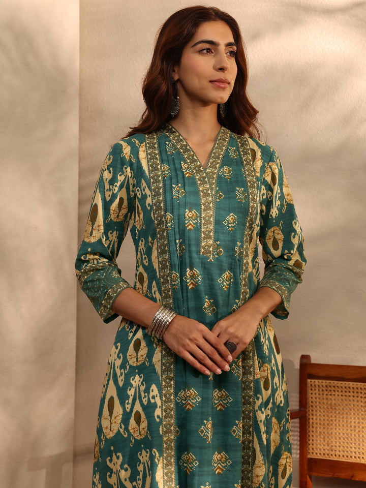 Green Floral Printed Cotton Blend A-Line Suit Set With Dupatta
