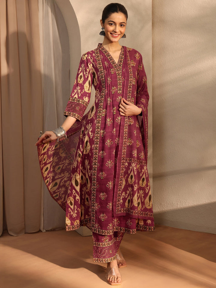 Maroon Floral Printed Cotton Blend A-Line Suit Set With Dupatta