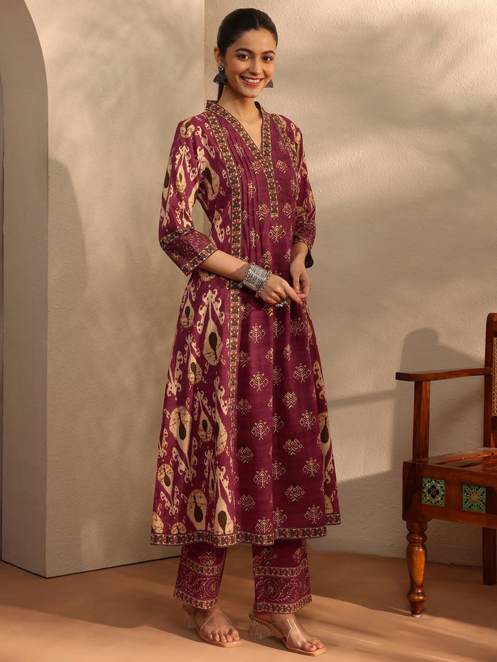 Maroon Floral Printed Cotton Blend A-Line Suit Set With Dupatta