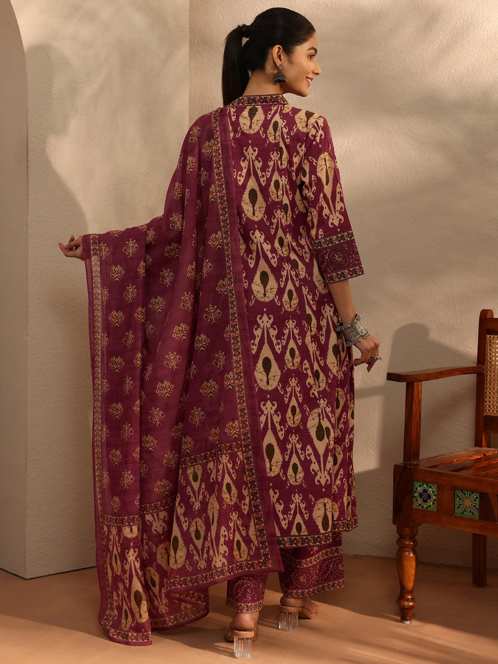 Maroon Floral Printed Cotton Blend A-Line Suit Set With Dupatta