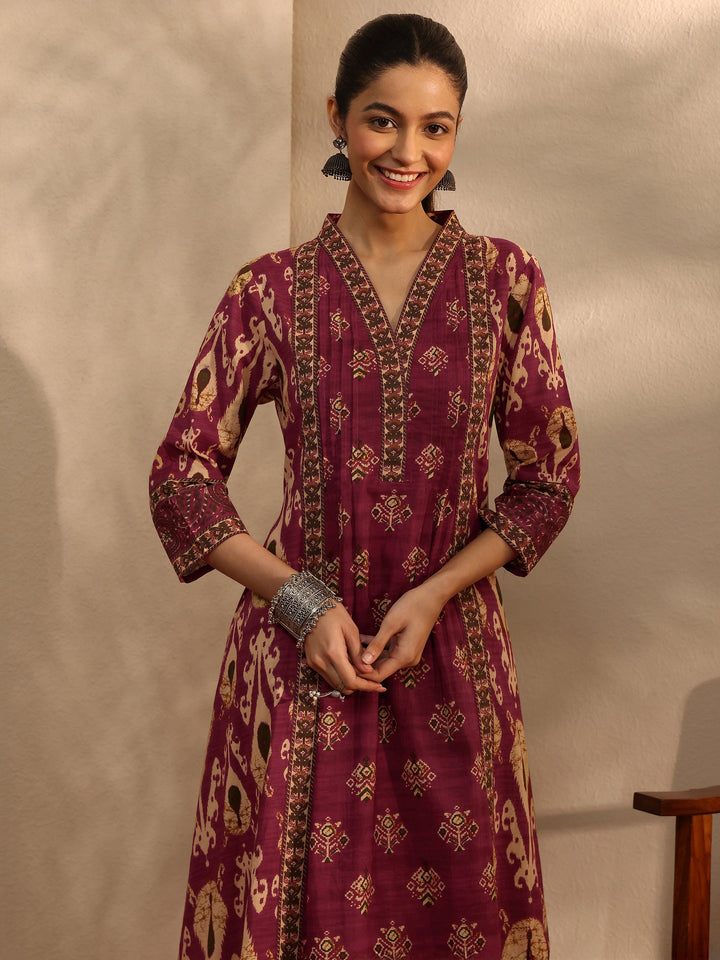Maroon Floral Printed Cotton Blend A-Line Suit Set With Dupatta