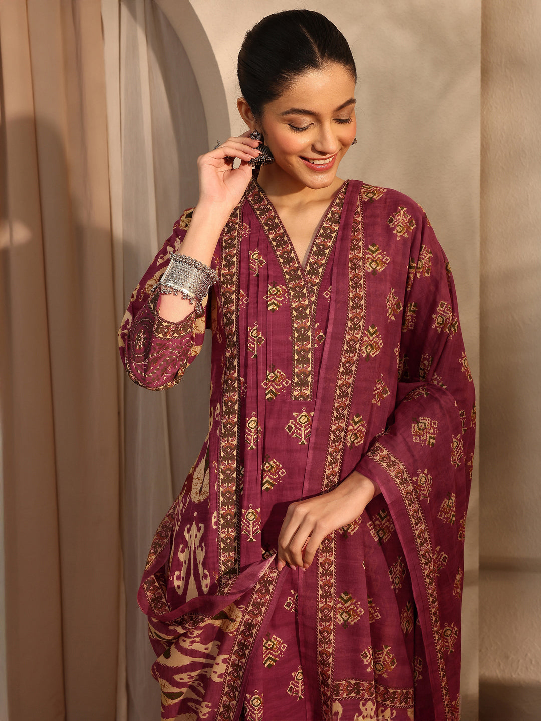 Maroon Floral Printed Cotton Blend A-Line Suit Set With Dupatta