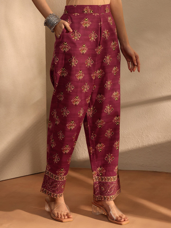 Maroon Floral Printed Cotton Blend A-Line Suit Set With Dupatta