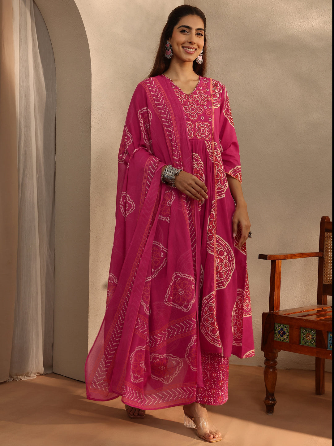 Pink Bandhani Printed Cotton Blend A-Line Suit Set With Dupatta