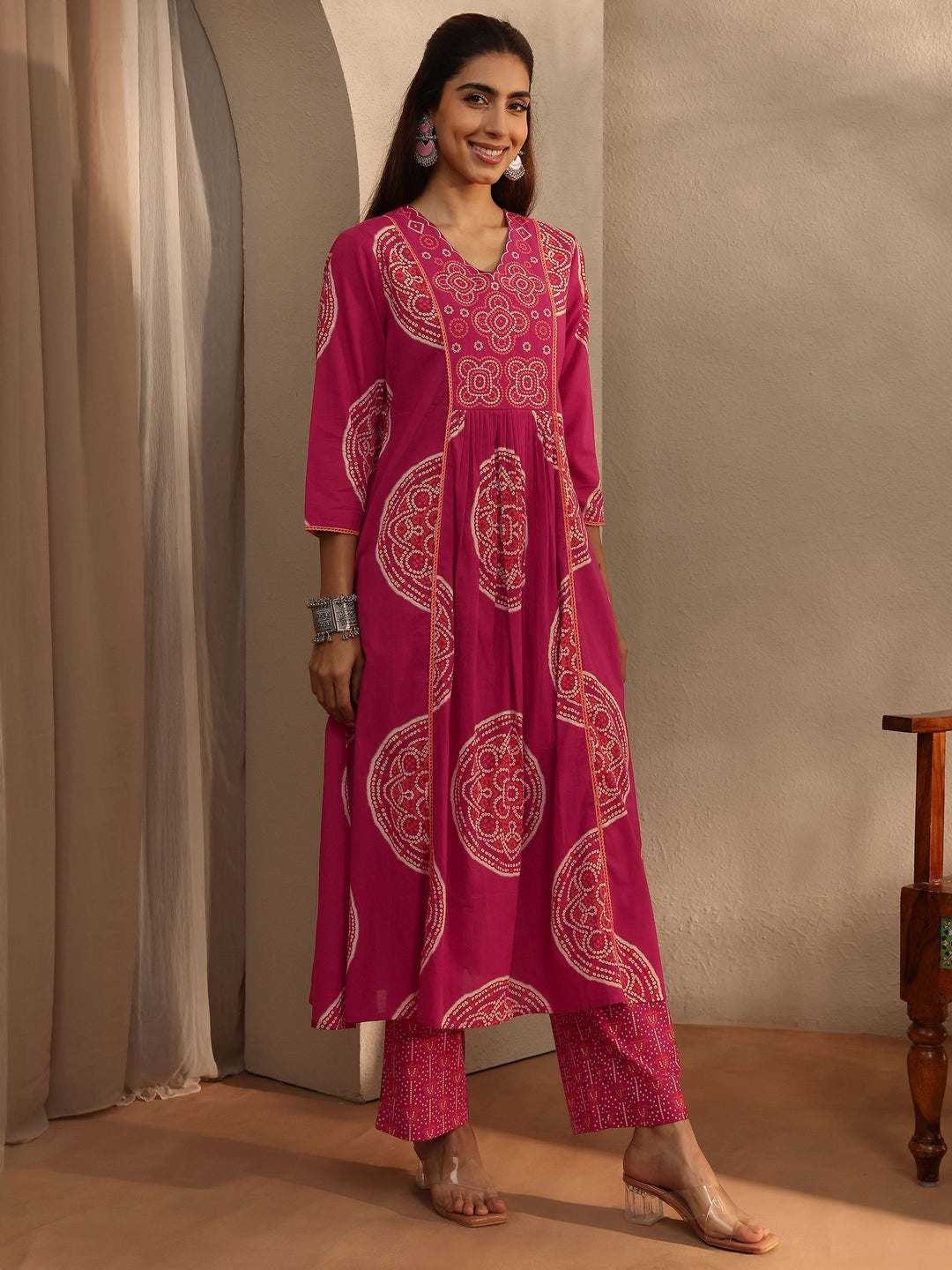 Pink Bandhani Printed Cotton Blend A-Line Suit Set With Dupatta