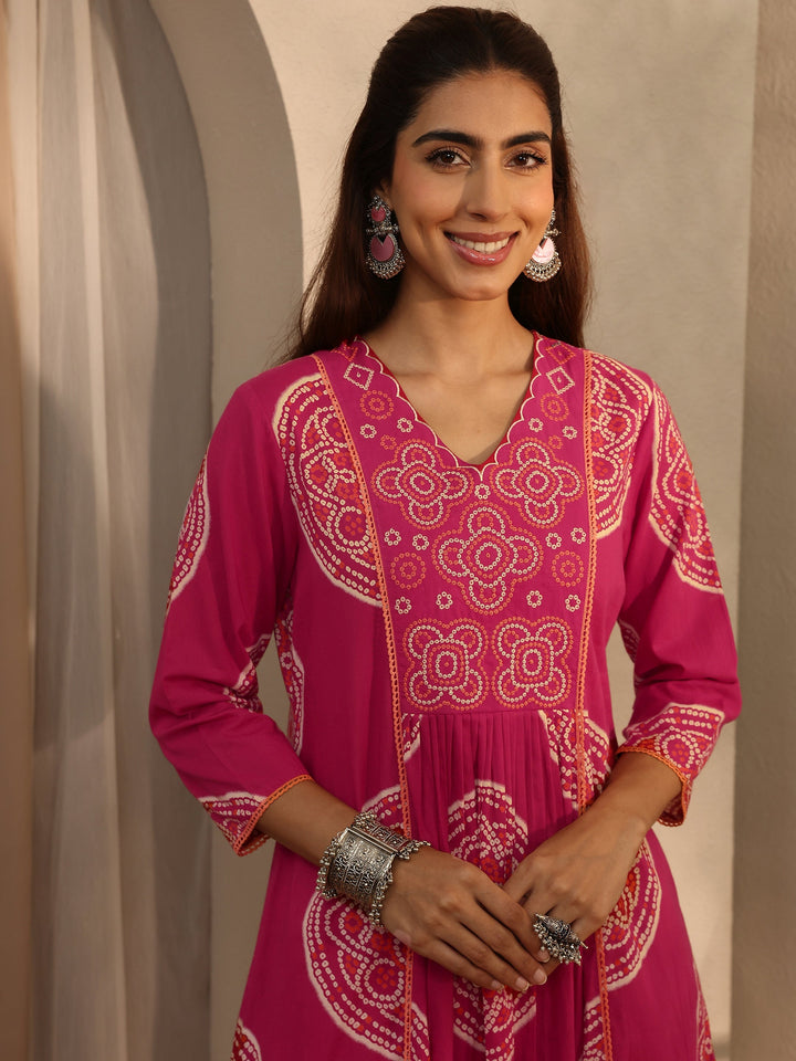 Pink Bandhani Printed Cotton Blend A-Line Suit Set With Dupatta