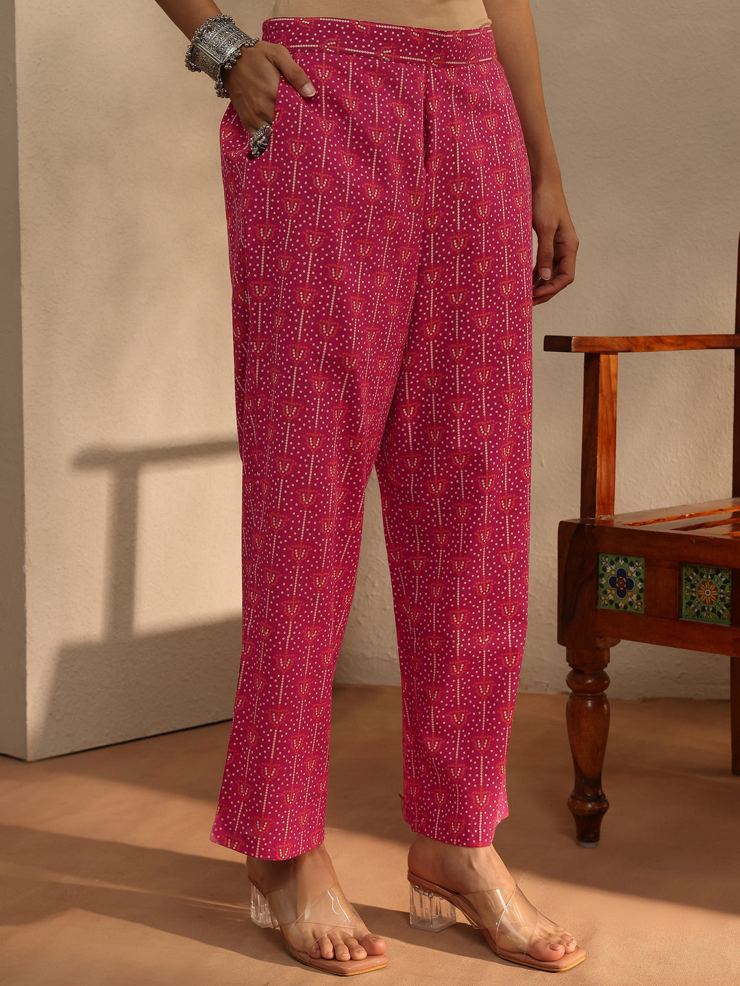 Pink Bandhani Printed Cotton Blend A-Line Suit Set With Dupatta