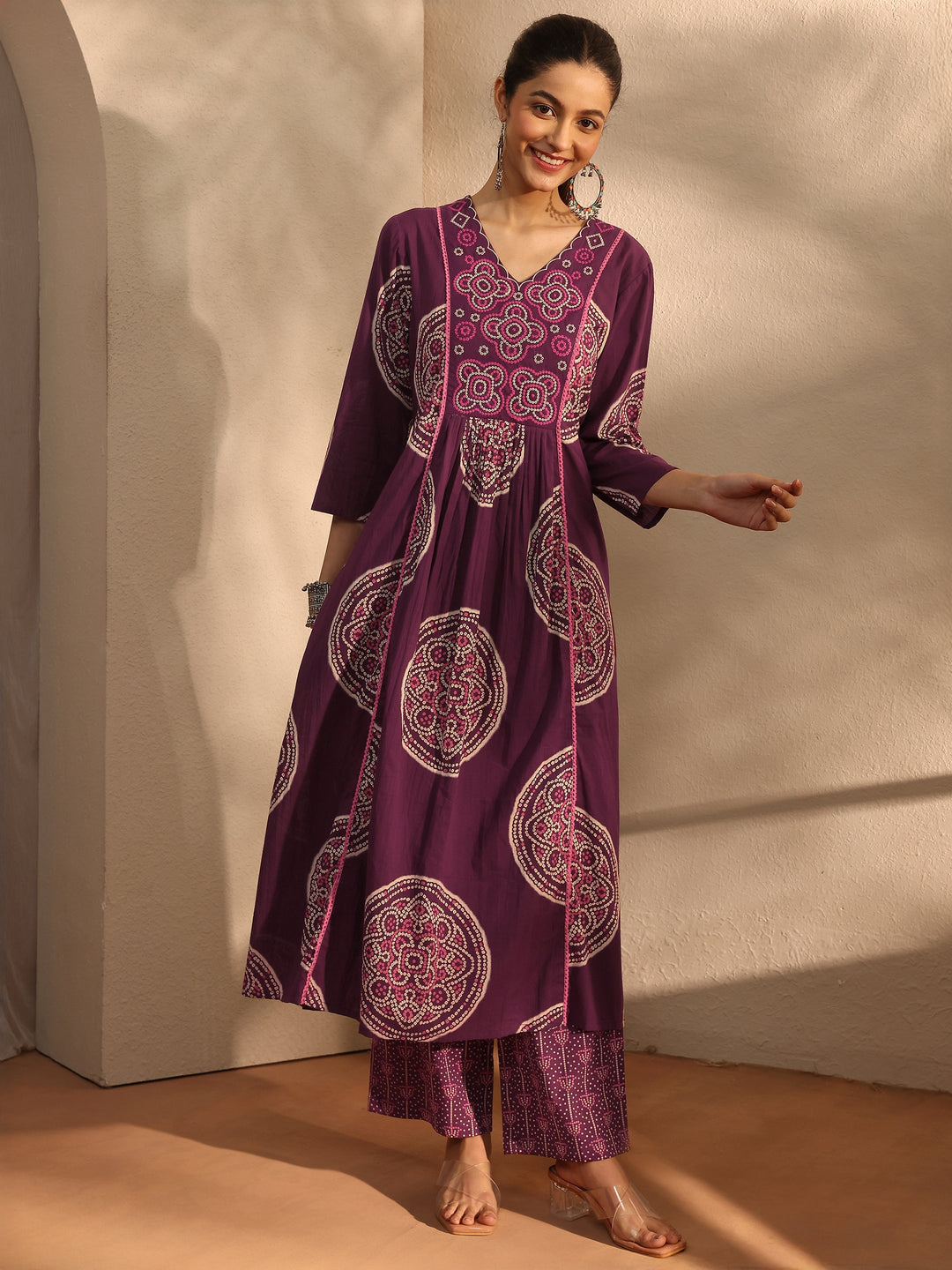 Burgundy Bandhani Printed Cotton Blend A-Line Suit Set With Dupatta