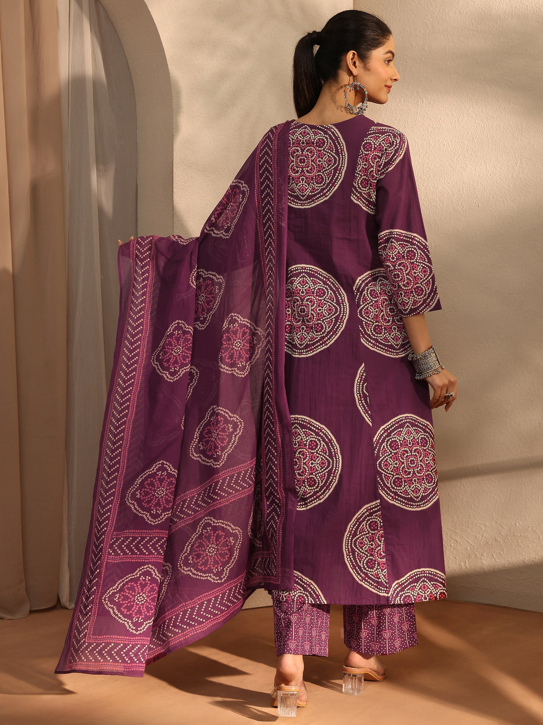 Burgundy Bandhani Printed Cotton Blend A-Line Suit Set With Dupatta