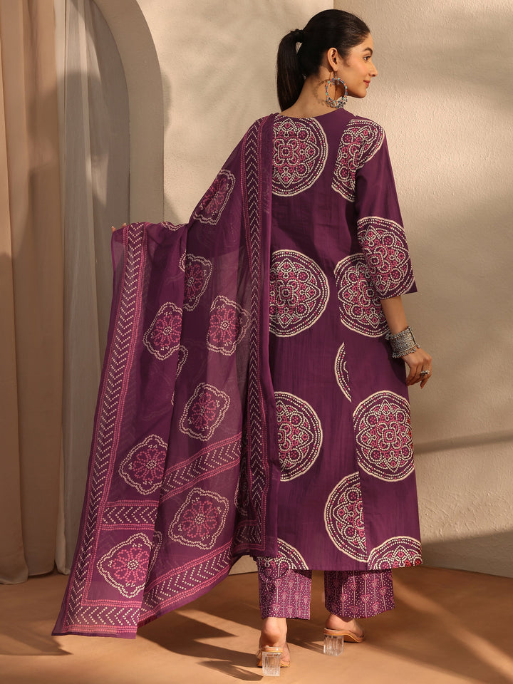 Burgundy Bandhani Printed Cotton Blend A-Line Suit Set With Dupatta