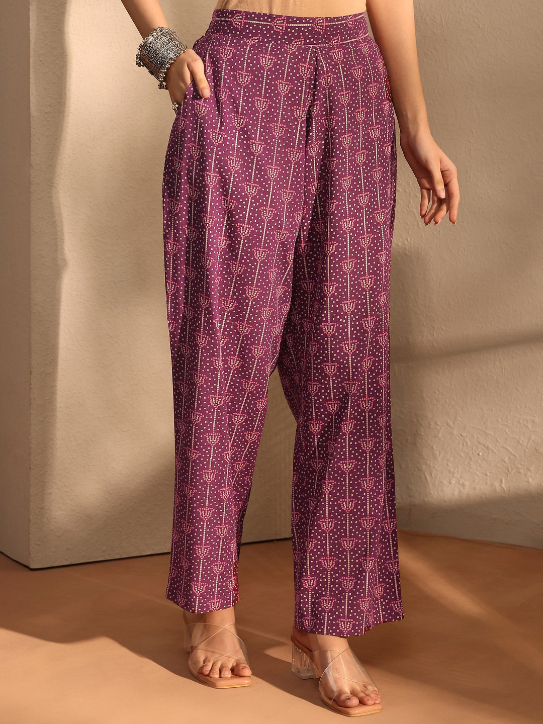 Burgundy Bandhani Printed Cotton Blend A-Line Suit Set With Dupatta